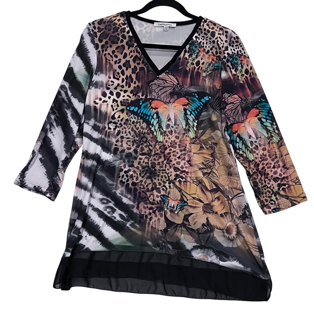 Bellissima Y2K Whimsigoth‎ Butterfly Animal Print V Neck Fairy Tunic Top Size M